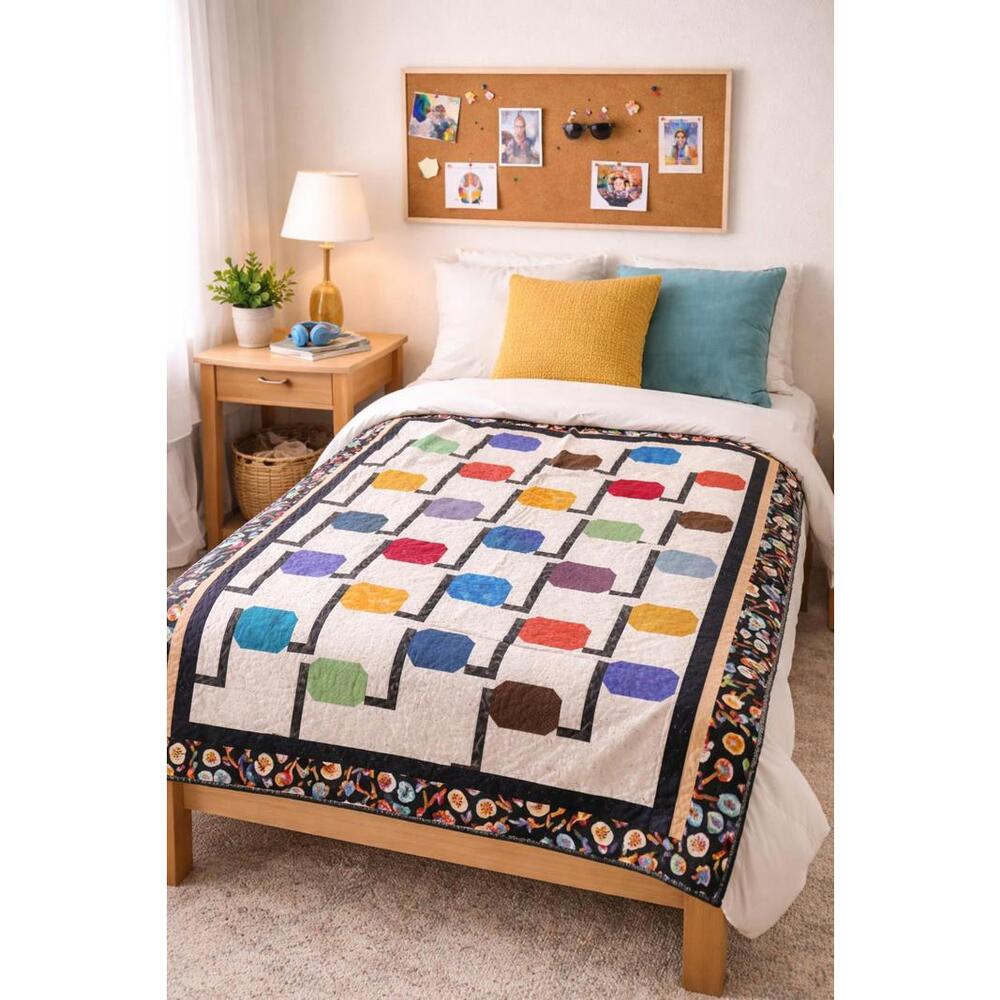 Colorful Handmade Quilt with Musical Guitar Border 60 x 86 Inch